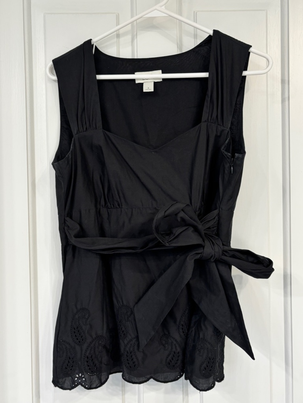 LOFT Black Cotton Sleeveless Tie-Waist Sweetheart Neck Scalloped Eyelet Hem Top